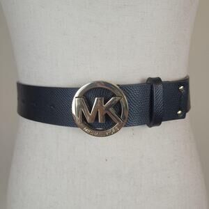 Michael Kors Belt Lg Black Leather Saffiano MK Logo Buckle Textured Gold Buckle